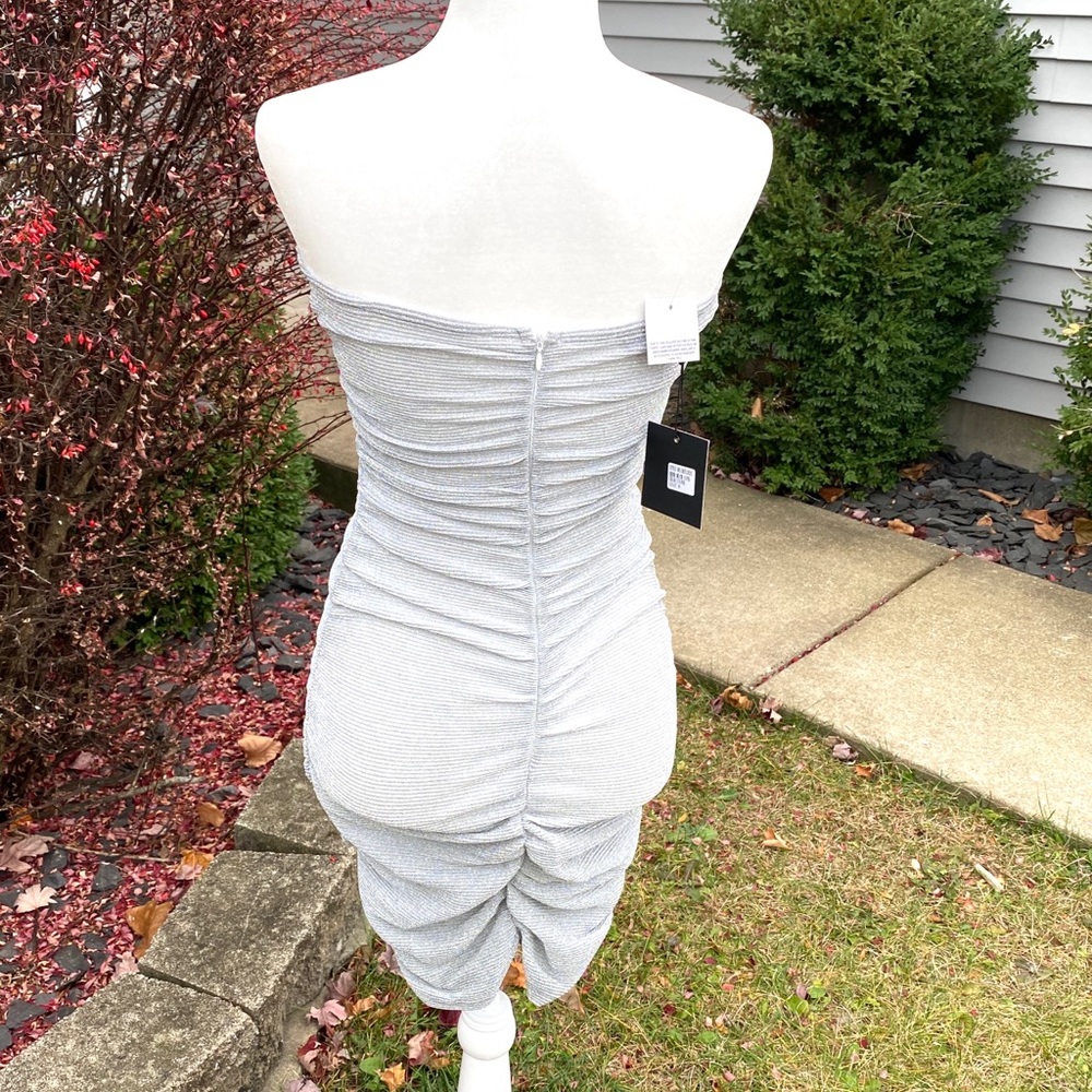 Silver Glitter Strapless Ruched Bodycon Mini Dress - Picture 3 of 9